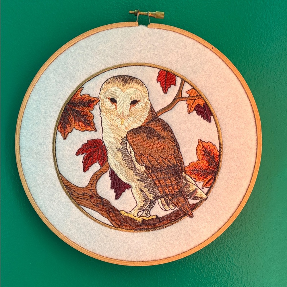 Wooden Round hoop with embroidered barn owl fall leaves wall decor autumn 8.5"